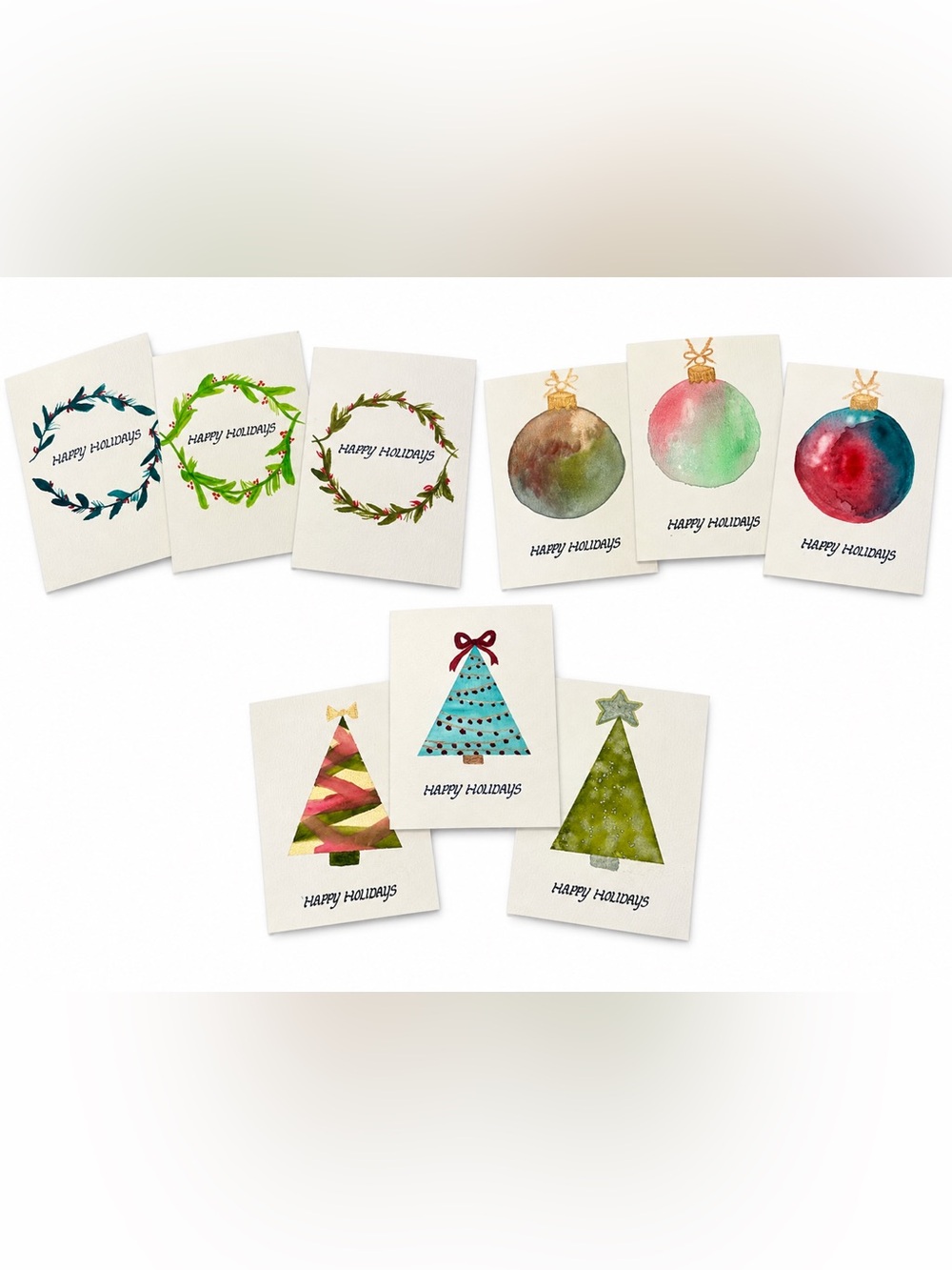 Hand Crafted Watercolor Holiday Tree Ornament Wreath Greeting Card Set